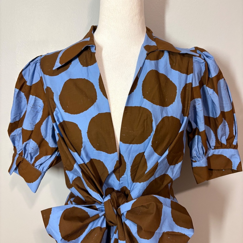 Anthropologie Farm Rio Mini Dress Blue Puff Sleeve Bow Vacay Resort Retro S NWT - Picture 6 of 16